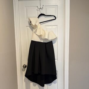ASOS One-Shoulder Ruffle Dress in Cream and Black